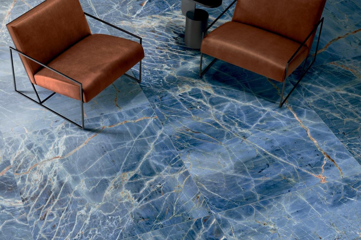 Marmoteca Blue Denim 48x110 Polished Marble Look Porcelain Panel Porcelain Tile