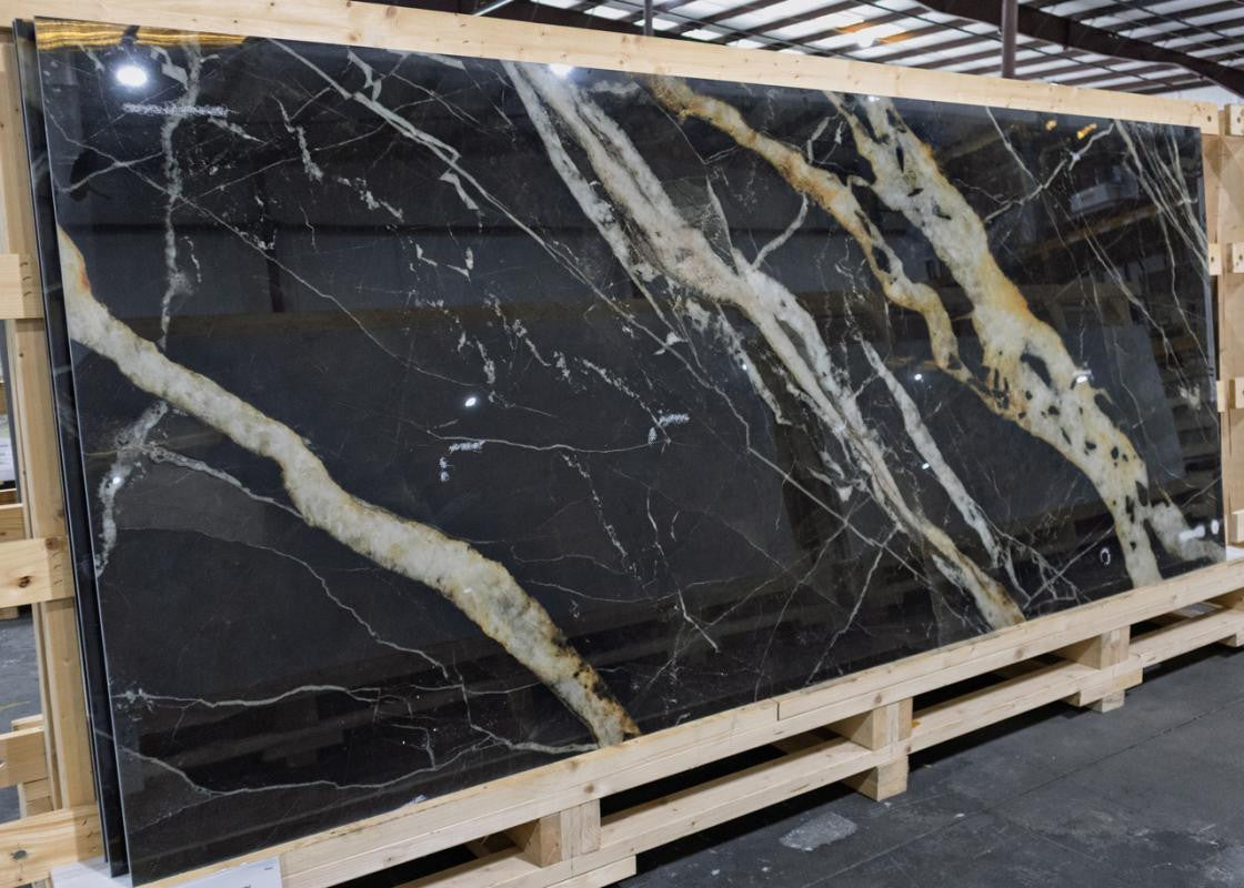 Marmoteca Golden Carbon 48x110 Polished Marble Look Porcelain Panel Porcelain Tile