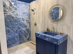 Marmoteca Blue Denim 48x110 Polished Marble Look Porcelain Panel Porcelain Tile