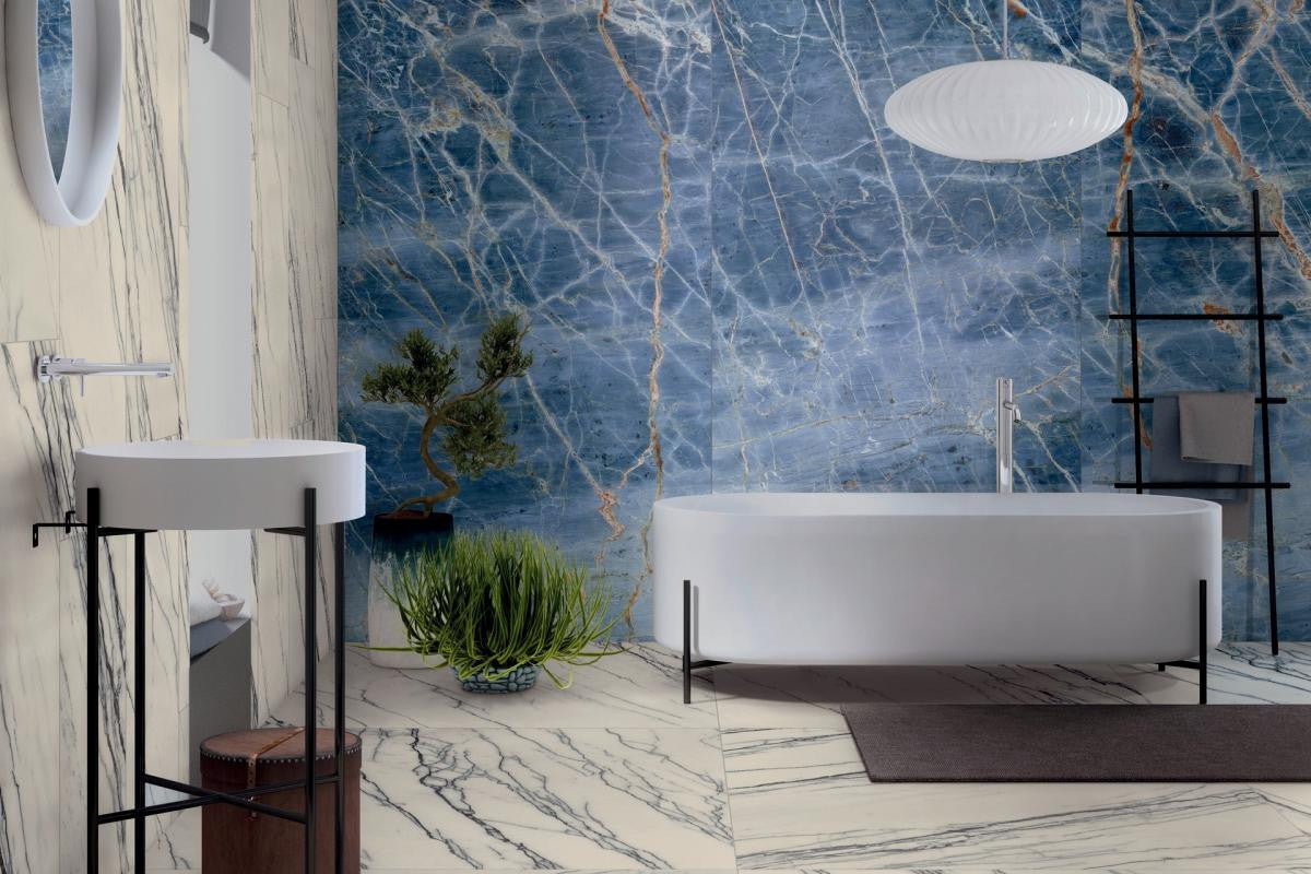 Marmoteca Blue Denim 48x110 Polished Marble Look Porcelain Panel Porcelain Tile