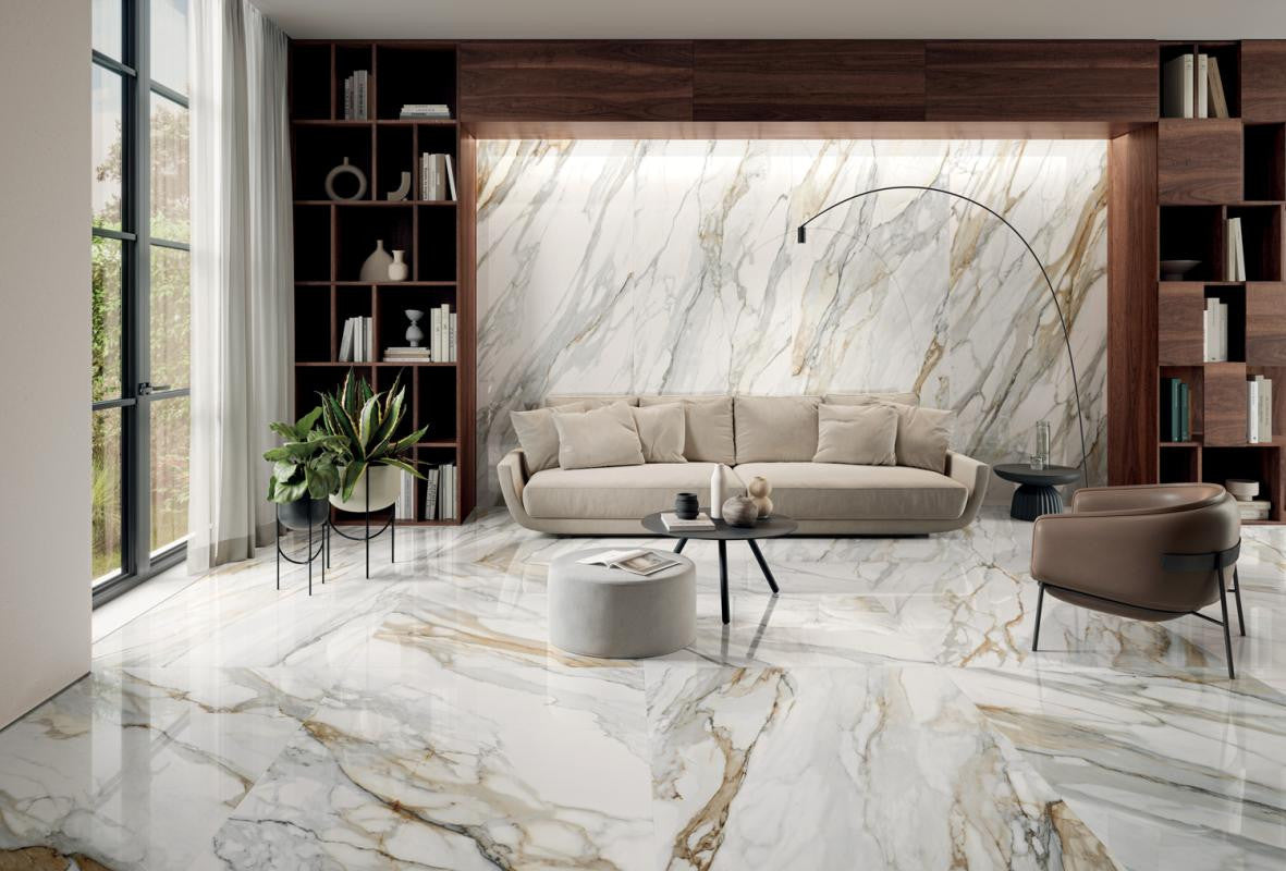 Perpetual Venato Gold Polished 48x109 Marble Look Porcelain Panel Porcelain Tile
