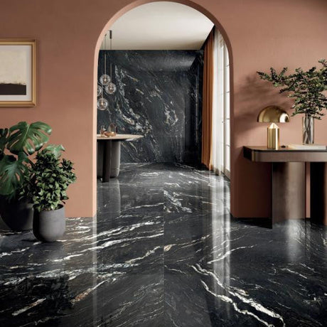 Perpetual Belvedere Dark Polished 48x109 Marble Look Porcelain Panel Porcelain Tile