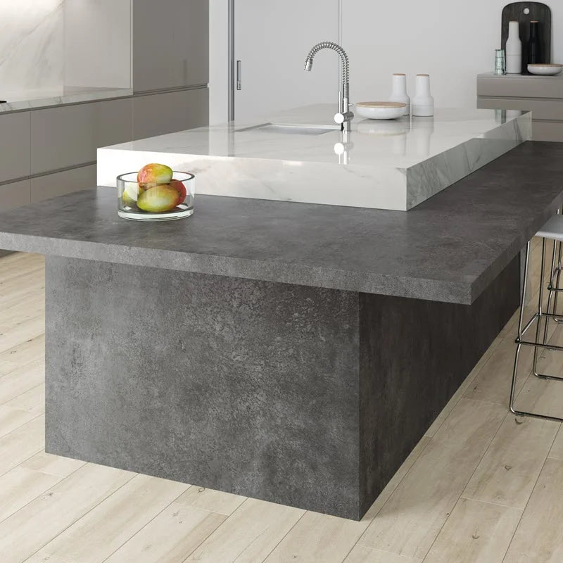Concrete-look porcelain kitchen island and countertops