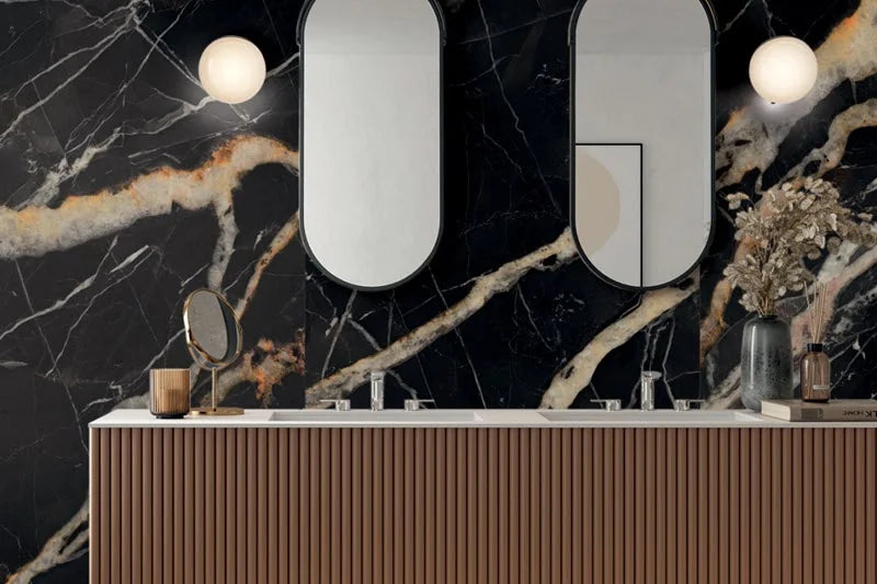 Dark porcelain surfaces in a contemporary interior
