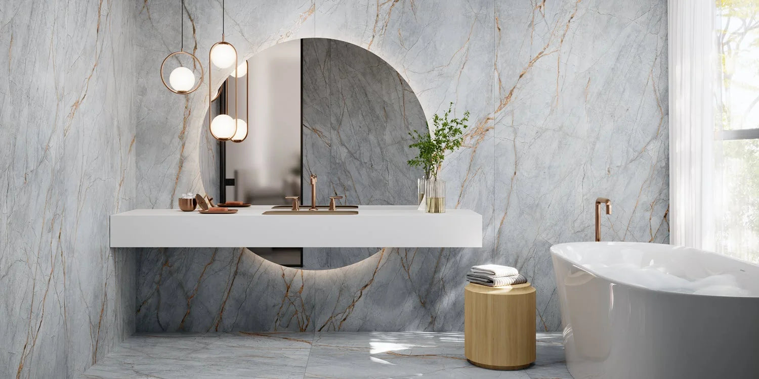 Marble-look porcelain bathroom with freestanding tub