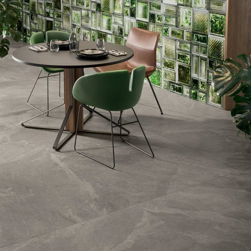 Stone-look porcelain floor in a restaurant interior